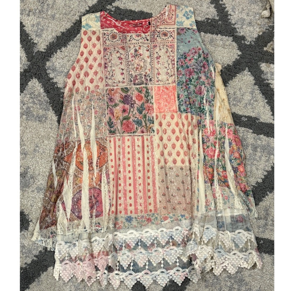 Origami Patchwork Floral Lace Tunic Dress Sleeveless Boho Cottagecore XXL xx
